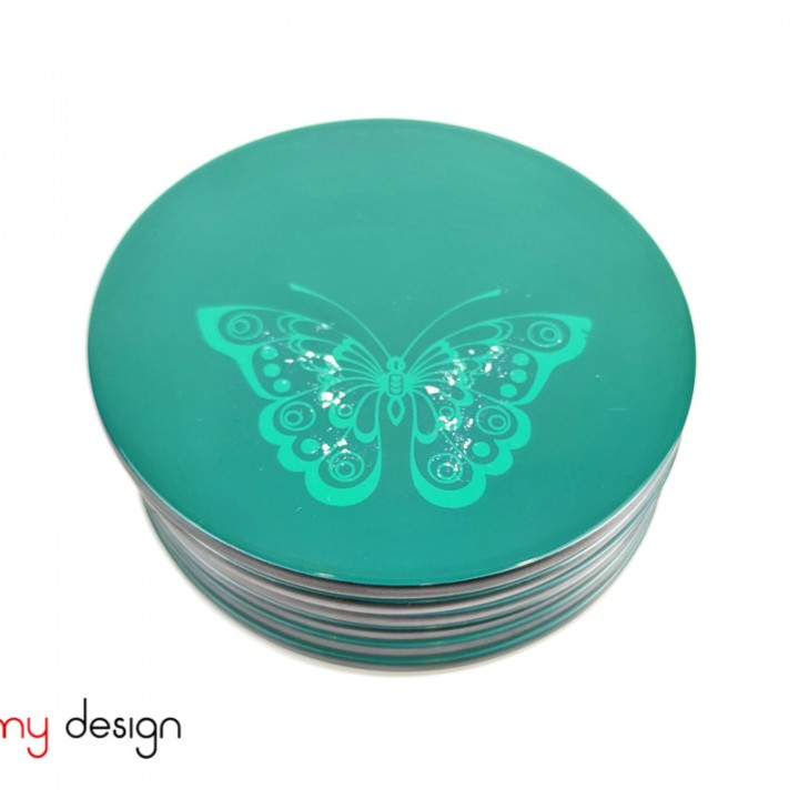 Set of 6 round lacquer coasters hand-painted with butterfly